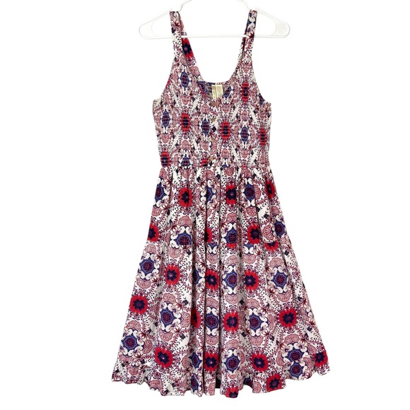Japna Dresses & Skirts - Japna Red Blue Medallion Midi Dress M Pull-on V-Neck Sleeveless Smocked Bodice